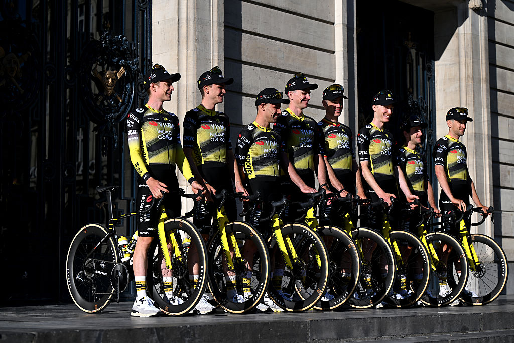 LILLE, FRANCE - JULY 03: A general view of Jonas Vingegaard of Denmark, Victor Campenaerts of Belgium, Edoardo Affini of Italy, Tiesj Benoot of Belgium, Matteo Jorgenson of United States, Sepp Kuss of United States, Wout Van Aert of Belgium, Simon Yates of Great Britain and Team Visma | Lease a Bike during the team presentation prior to the 112th Tour de France 2025 / #UCIWT / on July 03, 2025 in Lille, France. (Photo by Dario Belingheri/Getty Images)