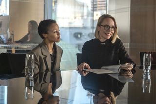 myha'la and sarah goldberg as harper and petra sitting at a conference table in industry season 3