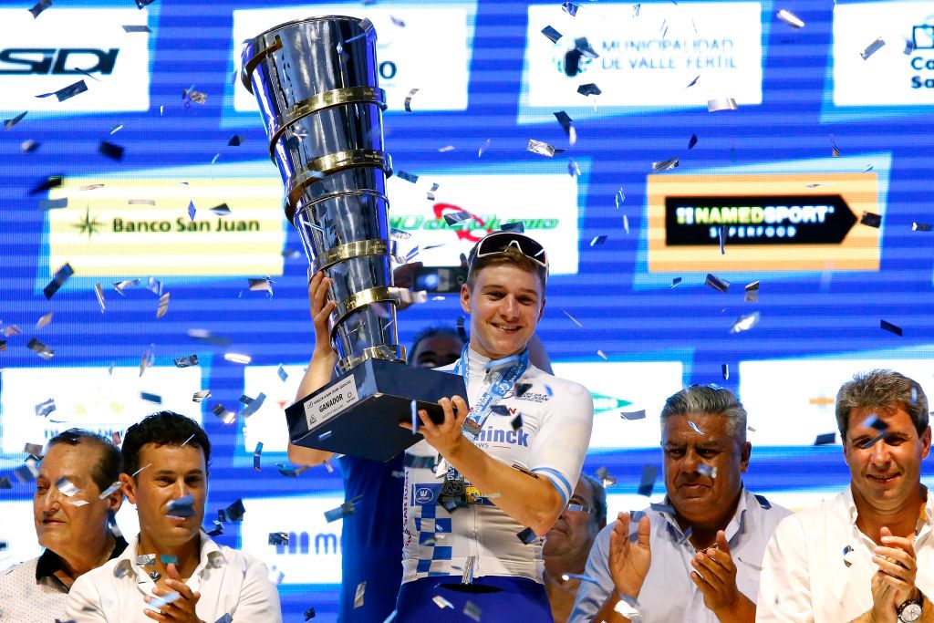 Deceuninck-QuickStep’s Remco Evenepoel is awarded the winner’s trophy after taking the overall title at the 2020 Vuelta a San Juan