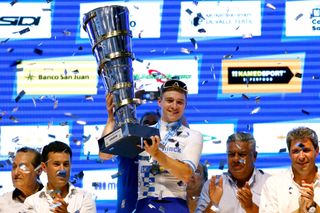 Deceuninck-QuickStep’s Remco Evenepoel is awarded the winner’s trophy after taking the overall title at the 2020 Vuelta a San Juan