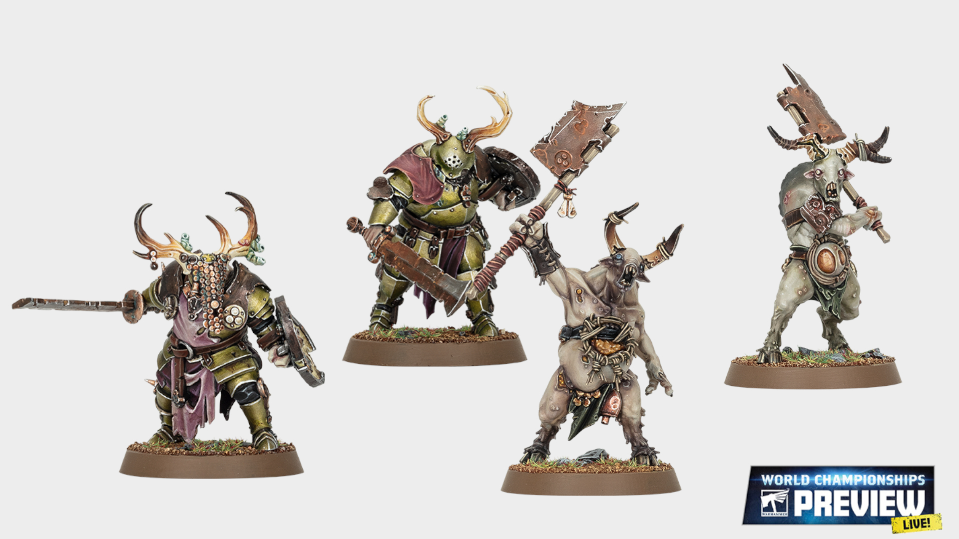 Two Rotswords (left) and two Pestigors (right) against a plain background, with a World Championships Preview logo in the bottom