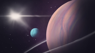 a small blue moon orbits a large pink planet with rings