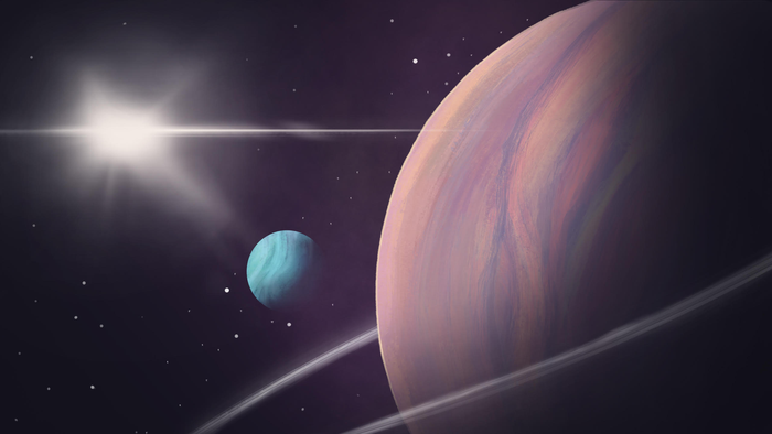Una pequeña luna azul orbita un gran planeta rosa con anillos.
