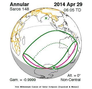 This NASA chart shows the shadow path of the "ring of fire" annular solar eclipse of April 28-29, 2014.