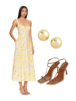 A woman wearing a floral dress, gold earrings, brown high heels