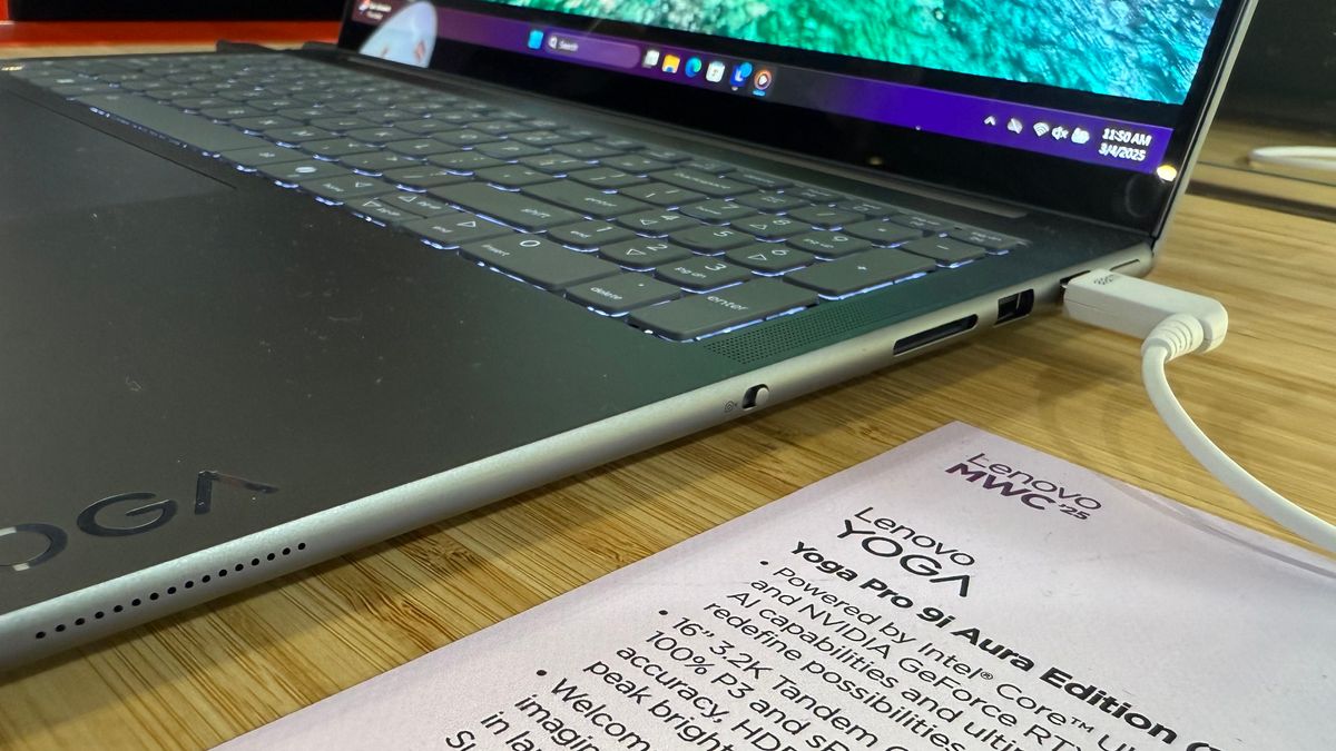 A close up of the right-hand side ports of the Lenovo Yoga Pro 9i (Gen 10) laptop at MWC 2025, Barcelona, Spain.