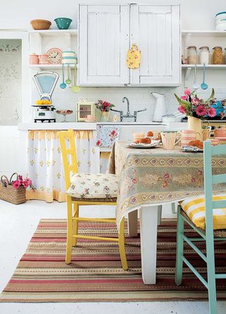 white kitchen with pastel painted furniture and retro kitchen accessories to support the kitschen trend