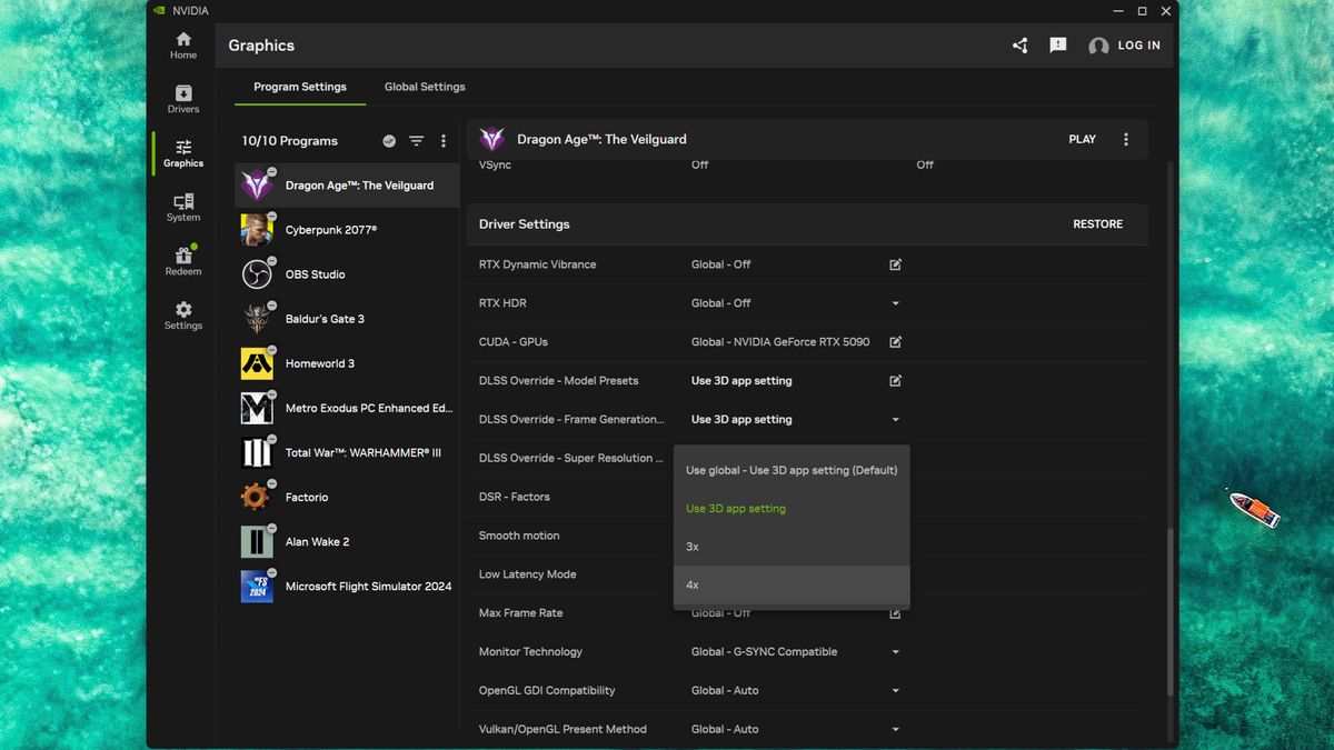 A screenshot of the Nvidia App, showing how a game's frame generation mode is overridden