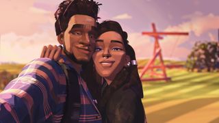 Kid Cudi's Jabari and Jessica Williams' Meadow take a photo together in Netflix's Entergalactic