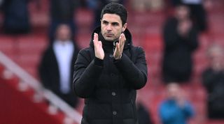 Arsenal manager Mikel Arteta applauds the fans at full-time of the Premier League match between Arsenal and Leeds United at the Emirates Stadium on April 1, 2023 in London, United Kindom.