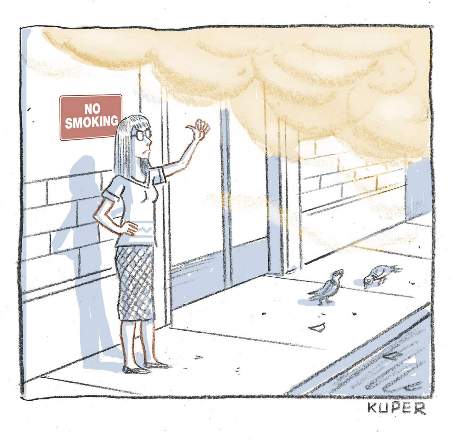 An angry woman stands outside a building pointing her thumb toward a &amp;ldquo;No Smoking&amp;rdquo; sign. She&amp;rsquo;s angered by a cloud of smoke from the Canadian wildfires.