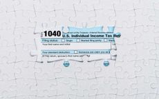 Stylized graphic of 1040 tax form