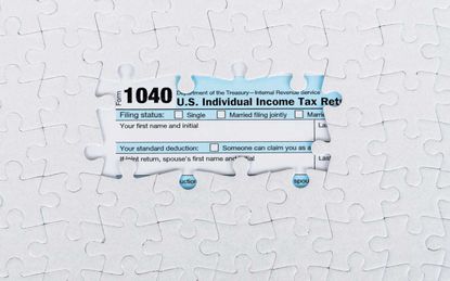 Stylized graphic of 1040 tax form