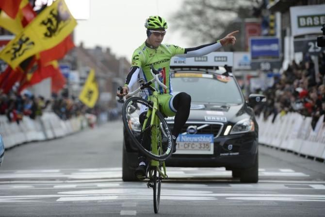 Winning... Peter Sagan (Cannondale) celebrates as he crosses the finish line in Wevelgem