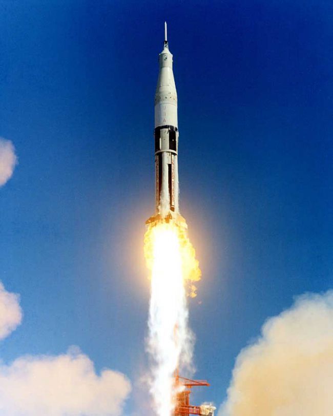 Prior to the Apollo 1 disaster, three unmanned test flights of Apollo-Saturn rockets took place. AS-201 (seen here), AS-203 and AS-202 missions took place in 1966, testing the Saturn 1B launch vehicle.