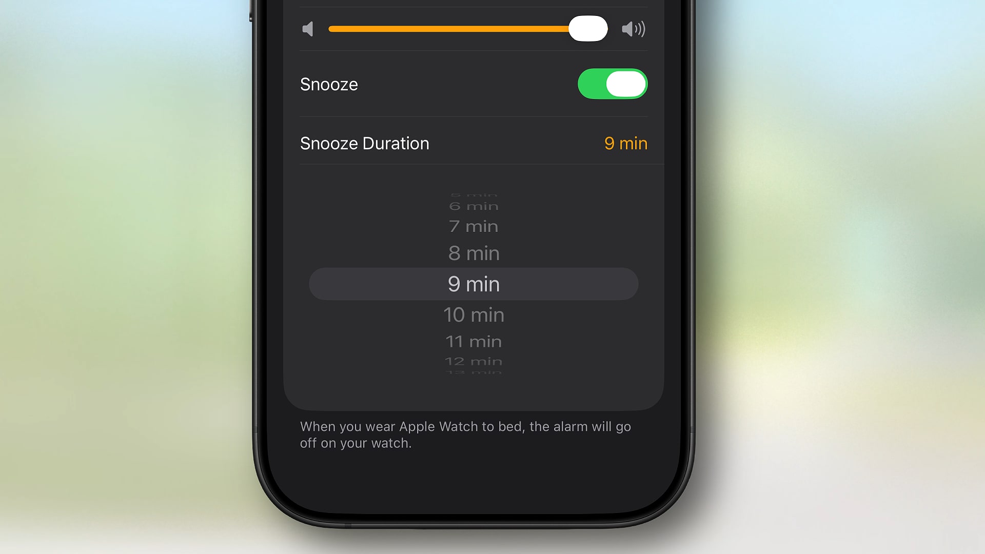 The Clock app in iOS 26, showing options for Snooze Duration.