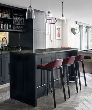 Home bar with island and bar stools