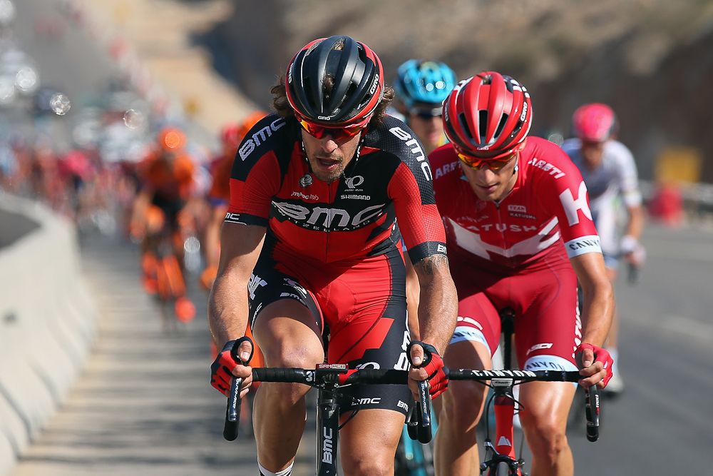 BMC's Daniel Oss drives the peloton during stage 1 in Oman.
