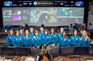 Anna Lee Fisher (sixth from left) joins NASA's women astronauts for a portrait in Mission Control on March 8, 2017.