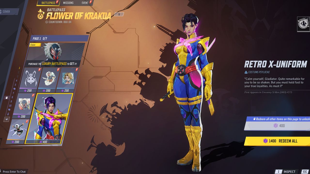 Marvel Rivals Season 2 skins - Psylocke's Retro X Uniform costume.