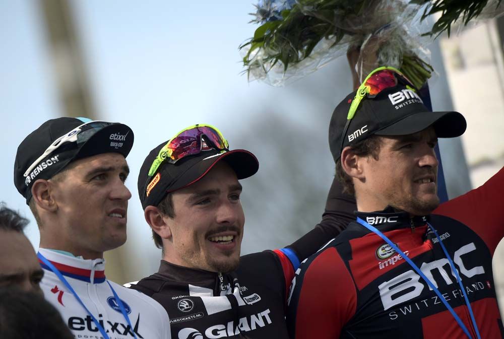 The 2015 Paris-Roubaix podium: Zdenek STybar (Etixx-QuickStep), John Degenkolb (Giant-Alpecin) and Greg Van Avermaet (BMC)