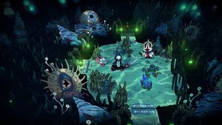 Cult of the Lamb screenshot showing the lamb in an underwater dungeon with an ocean theme fighting two robed enemies