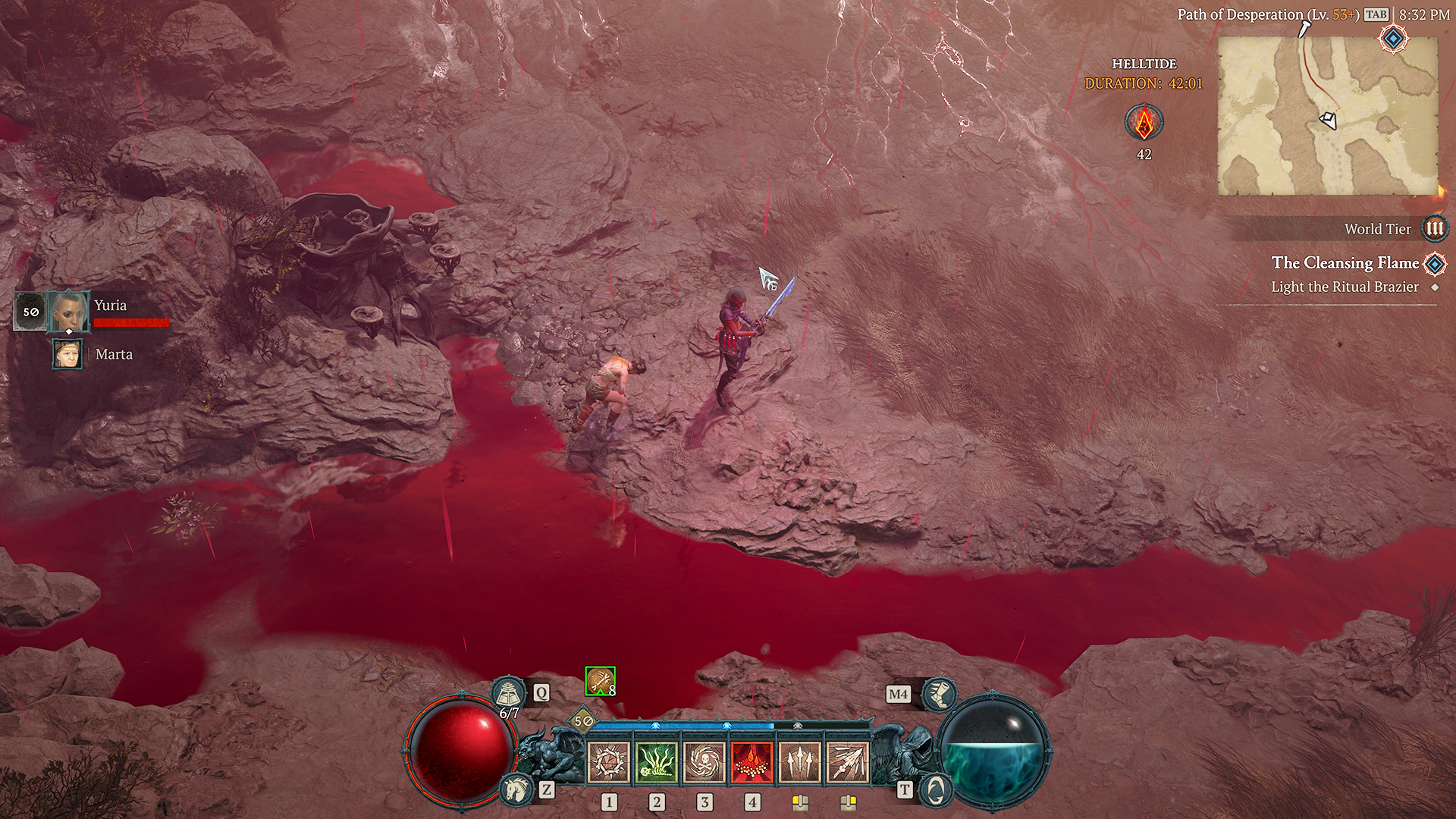 Diablo 4 character standing next to bloody river