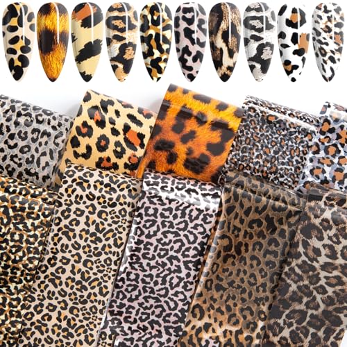 Alpinleux 10 Pcs Print Leopard Nail Art Transfer Stickers, Adhesive Decals Nail Art Supplies, Snake Print Nail Foils, Manicure Accessories for Nail Decorations