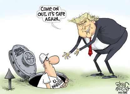 Political cartoon U.S. President Trump brings back U.S. Workers Obama shelter
