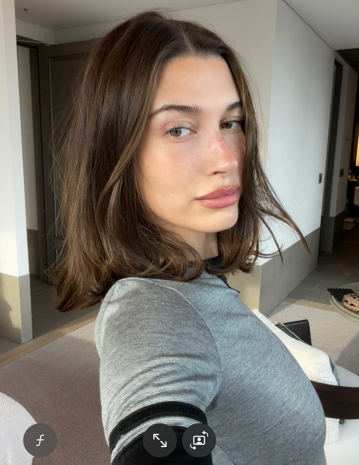Hailey Bieber with mushroom brunette hair colour