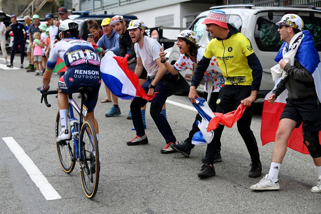 CAUTERETSCAMBASQUE FRANCE JULY 06 Julian Alaphilippe of France and Team Soudal Quick Step competes in the chase group while fans cheer during the stage six of the 110th Tour de France 2023 a 1449km stage from Tarbes to CauteretsCambasque 1355m UCIWT on July 06 2023 in CauteretsCambasque France Photo by Tim de WaeleGetty Images