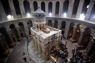 The shrine (sometimes called the Edicule) that holds the tomb of Jesus is seen in this photograph. The shrine is located within the Church of the Holy Sepulchre in Jerusalem.