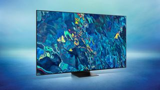 The Samsung QN95B QLED TV on a blue background.