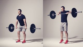 Man demonstrates two positions of the barbell high pull exercise