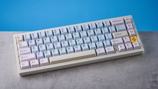 Wobkey Zen 65 mechanical keyboard photographed in front of a blue background