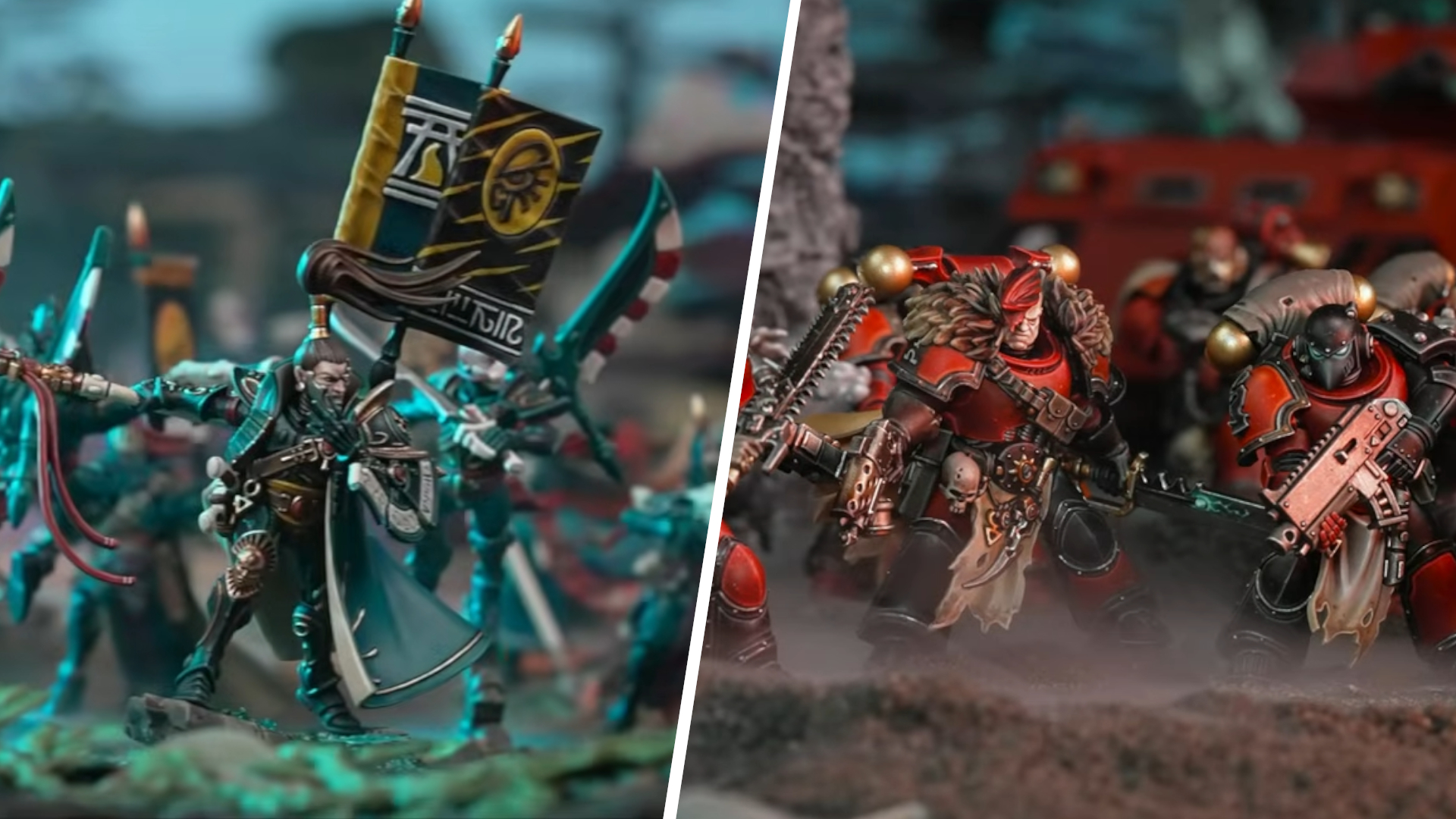 Aeldari Corsairs and Red Corsairs divided by a white line