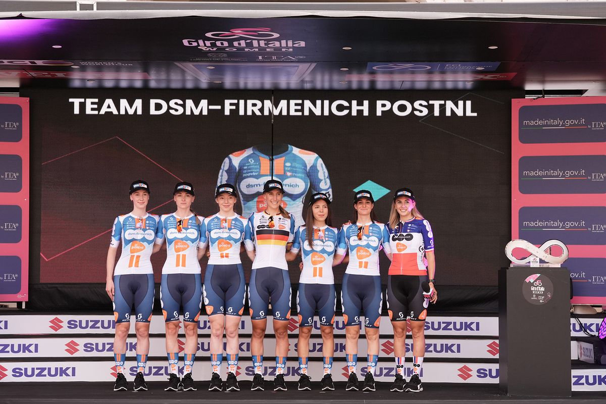 DMS-Firmenich PostNL on stage at the 2024 Giro d'Italia Women at the teams presentation at the Piazza della Loggia in Brescia