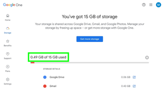 How to check Google storage usage - a screenshot of Google's account management page showing how much account storage has been used
