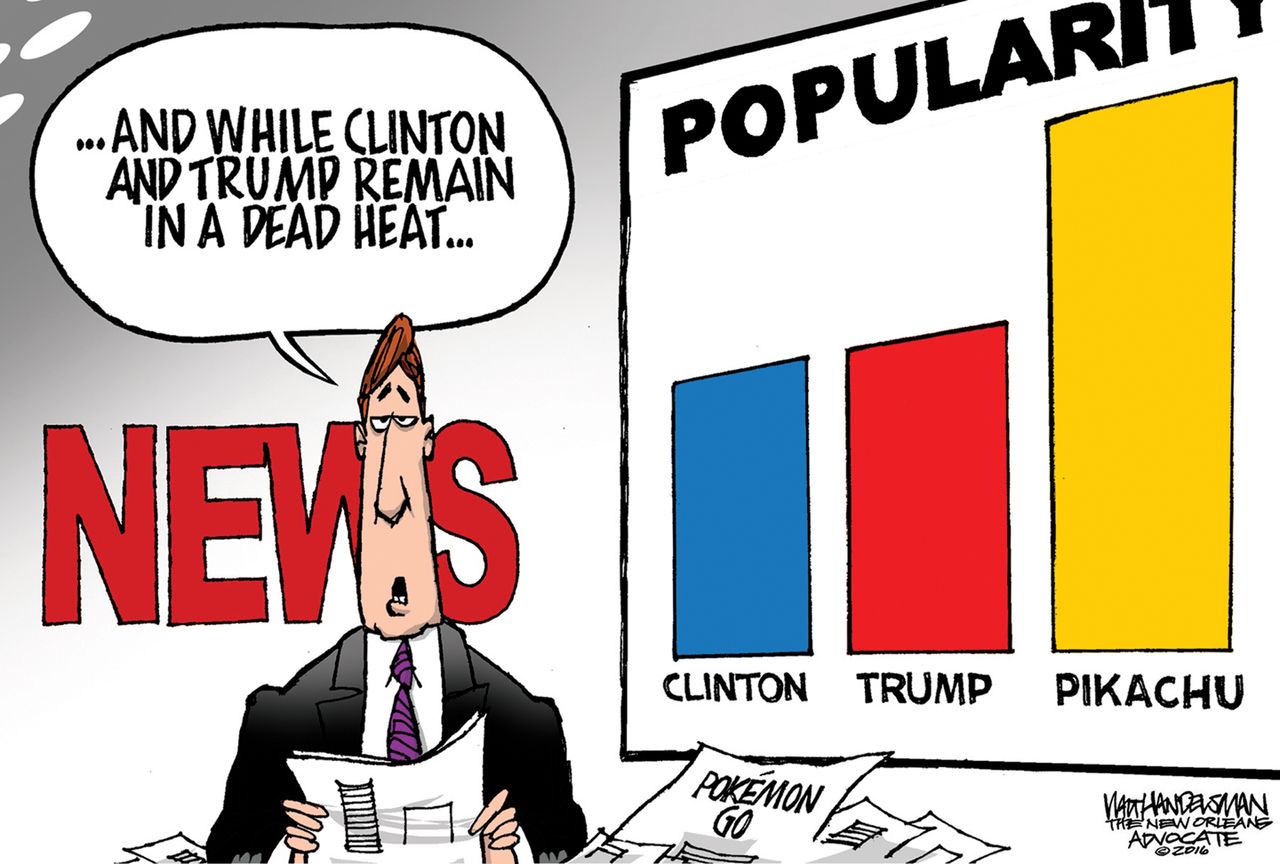 Political cartoon U.S. Donald Trump Hillary Clinton Pokemon Go polls