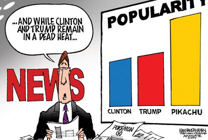 Political cartoon U.S. Donald Trump Hillary Clinton Pokemon Go polls