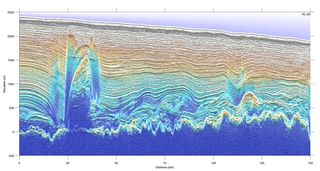 Melting and refreezing at the bottom of ice sheets warps the layer-cake structure above, as seen in this radar image from Greenland.