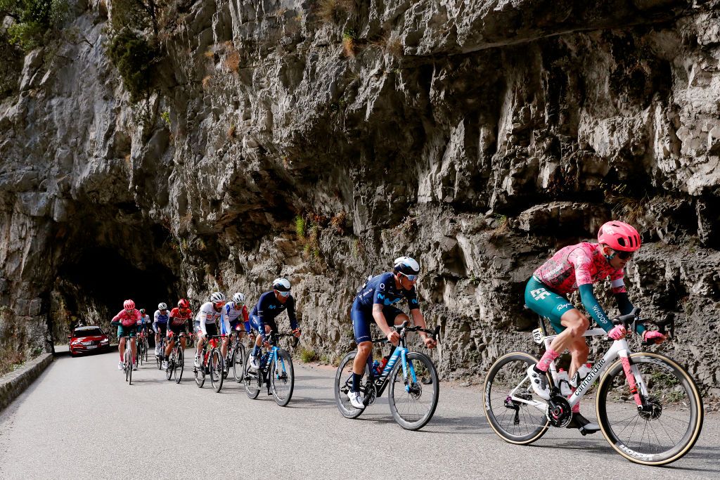 COL DE TURINI FRANCE MARCH 12 LR Julius Van Den Berg of Netherlands and Team EF Education Easypostsof Denmark and Team QuickStep Alpha Vinyl Thomas De Gendt of Belgium and Team Lotto Soudal Quentin Pacher of France and Team Groupama FDJ Julien Bernard of France and Team Trek Segafredo Albert Torres Barcelo of Spain Ivan Garcia Cortina of Spain and Movistar Team and Simon Carr of United Kingdom and Team EF Education Easypost compete in the breakaway during the 80th Paris Nice 2022 Stage 7 a 1555km stage from Nice to Col de Turini 1605m ParisNice WorldTour on March 12 2022 in Col de Turini France Photo by Bas CzerwinskiGetty Images