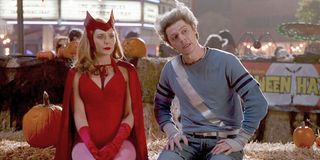 Elizabeth Olsen as Wanda Maximoff/Scarlet Witch and Evan Peters as Pietro Maximoff/Quicksilver in WandaVision.