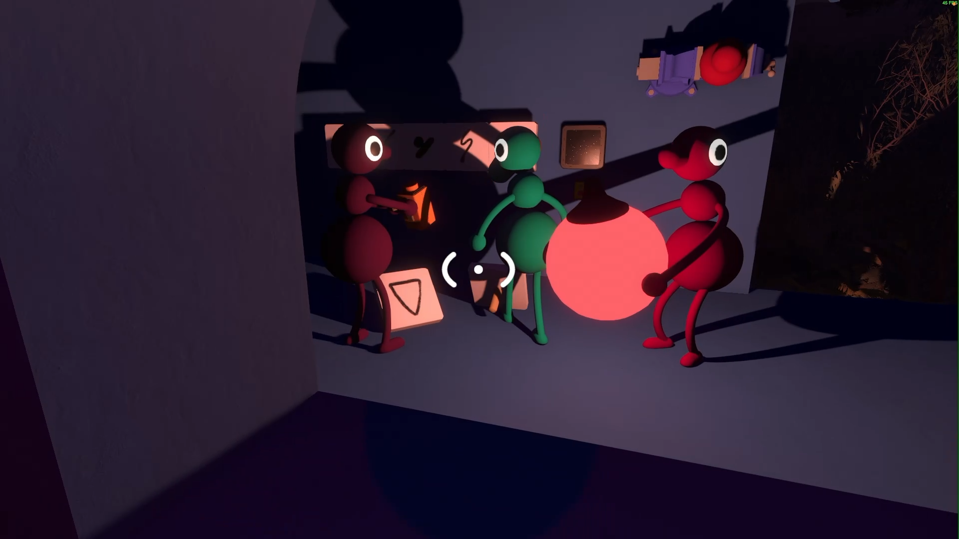 Big Walk screenshot showing several characters around some puzzle pieces with one holding a glowing orb
