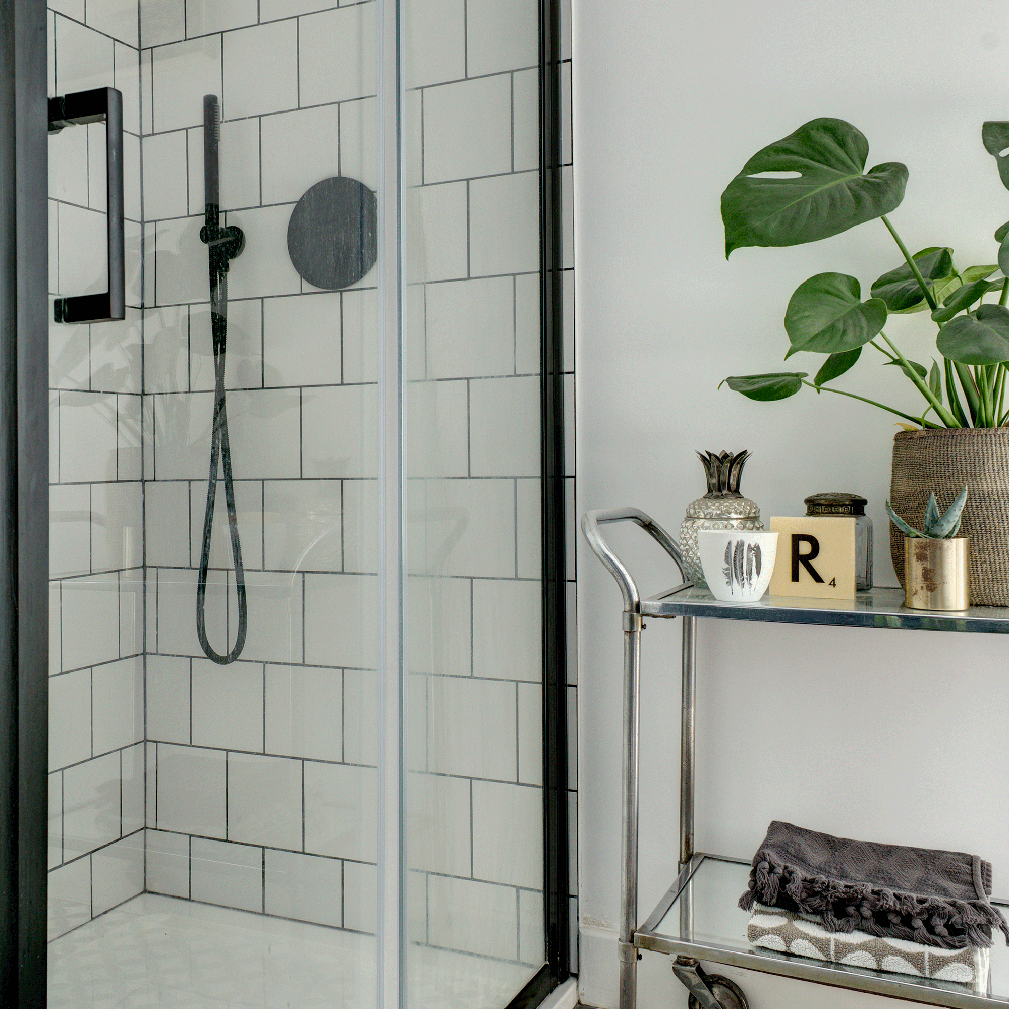 Black framed shower with shower head