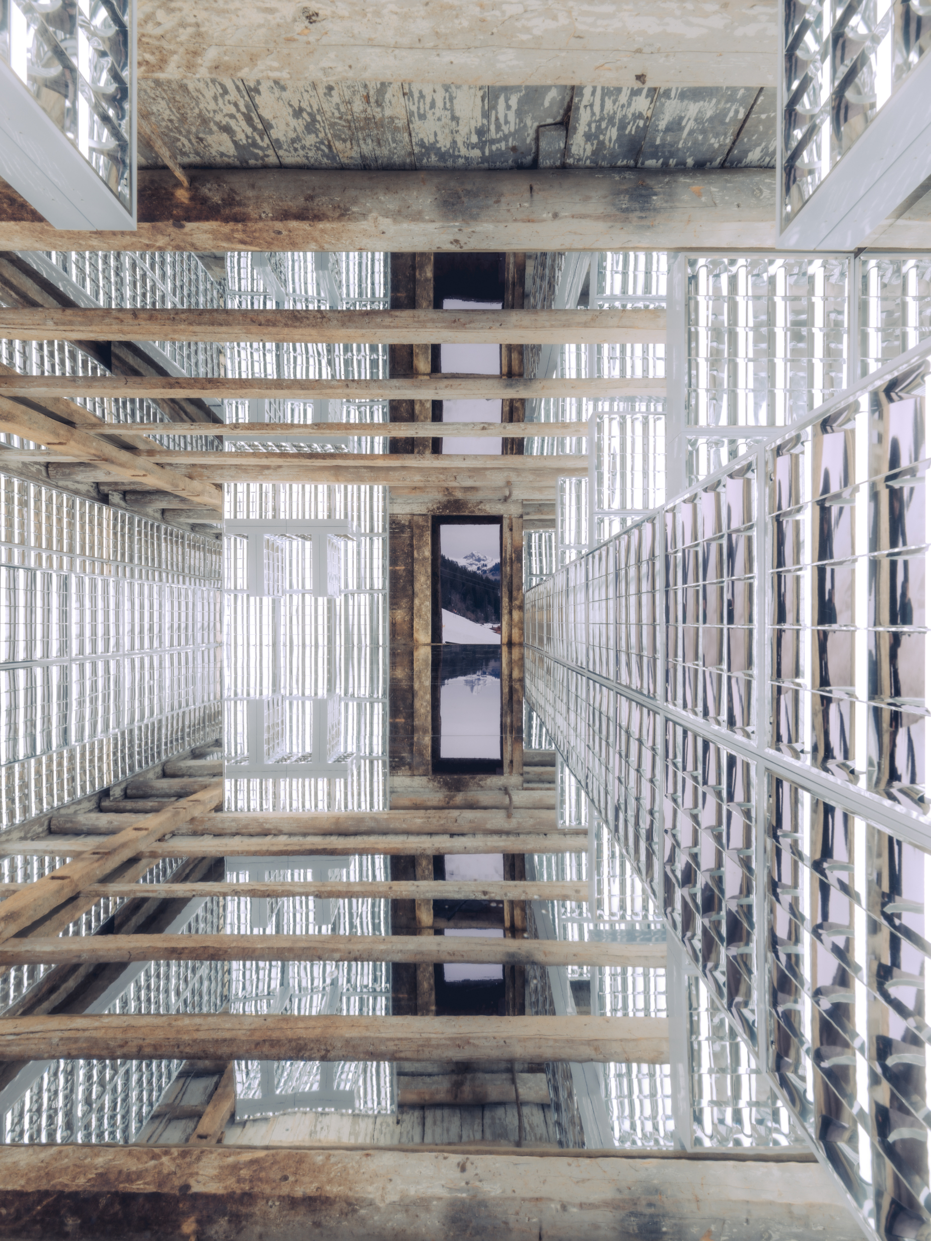 light panels installed inside a Swiss barn by Alexandre de Betak