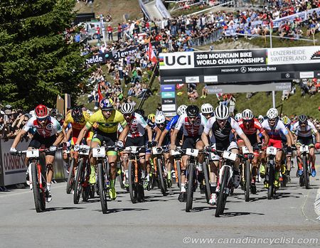 Anton Cooper (New Zealand) at the front at the start of the elite men's XCO race