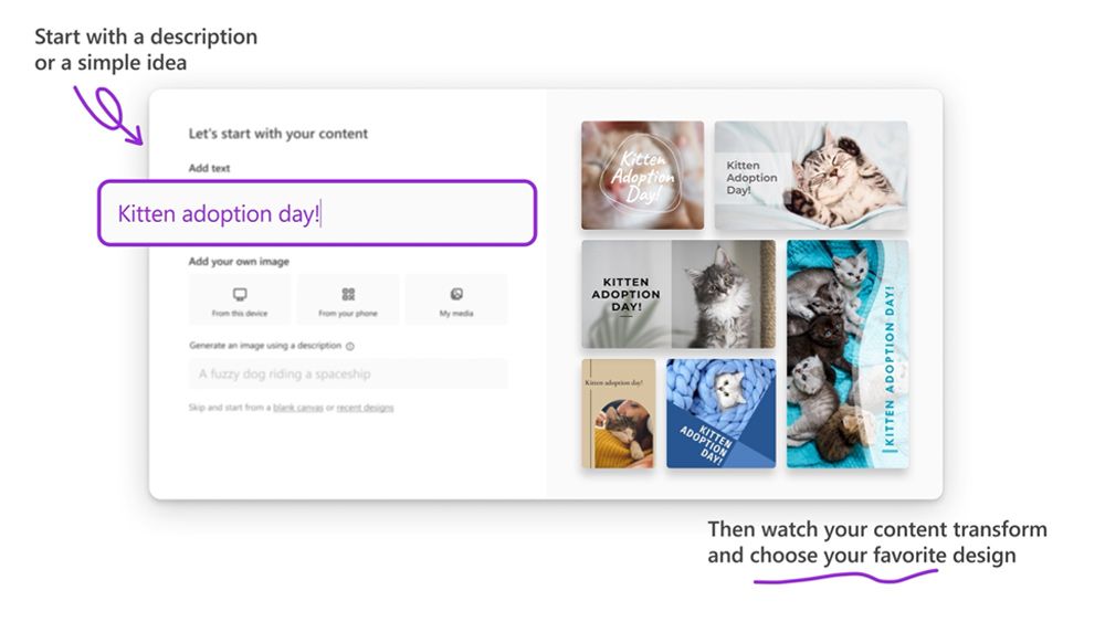 Promotional images explaining the use of Microsoft Designer AI image generator