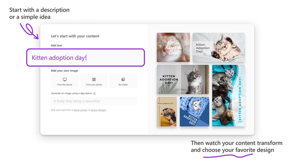 Promotional images explaining the use of Microsoft Designer AI image generator