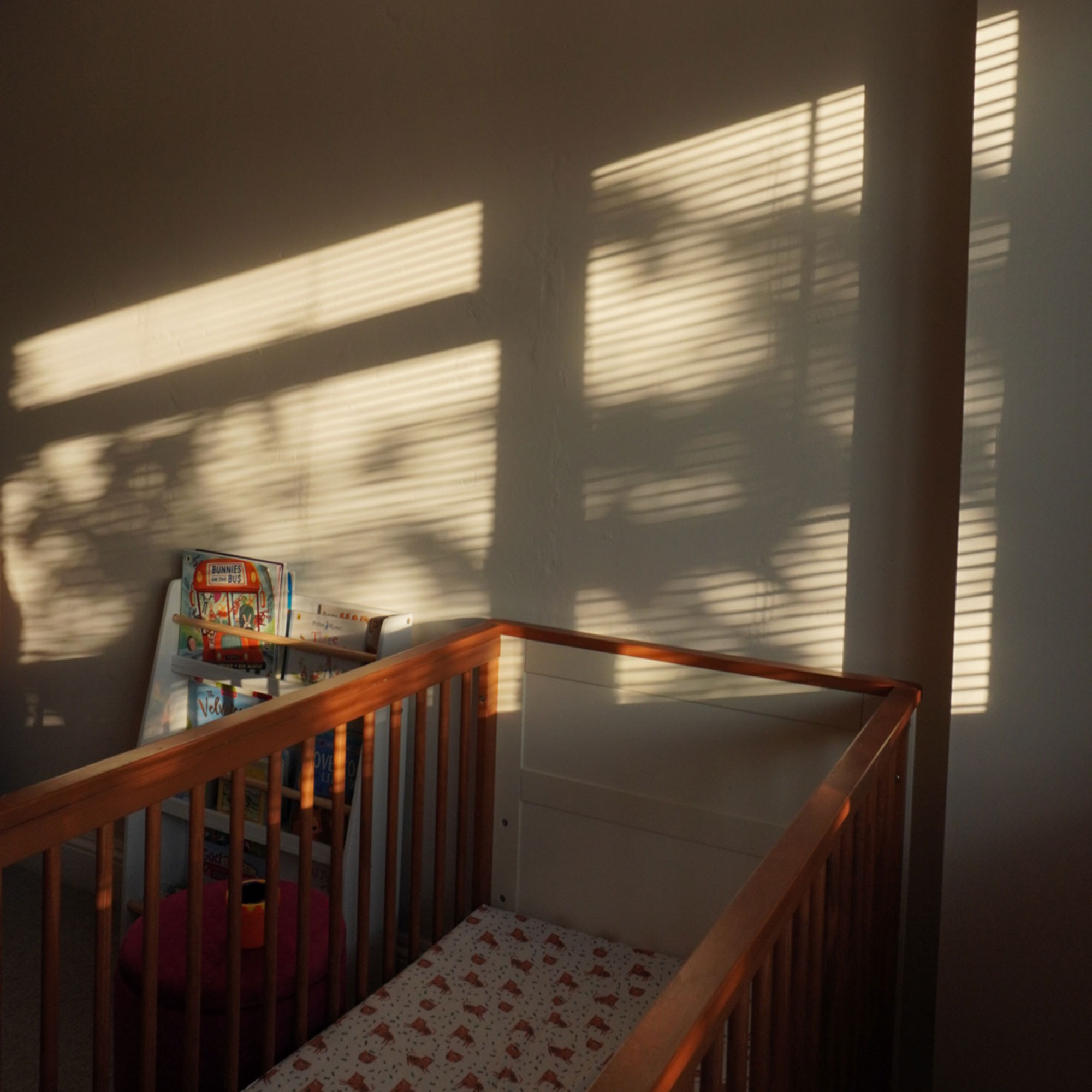 Cot in room with bare walls and sun streaming through blinds creating pattern on wall